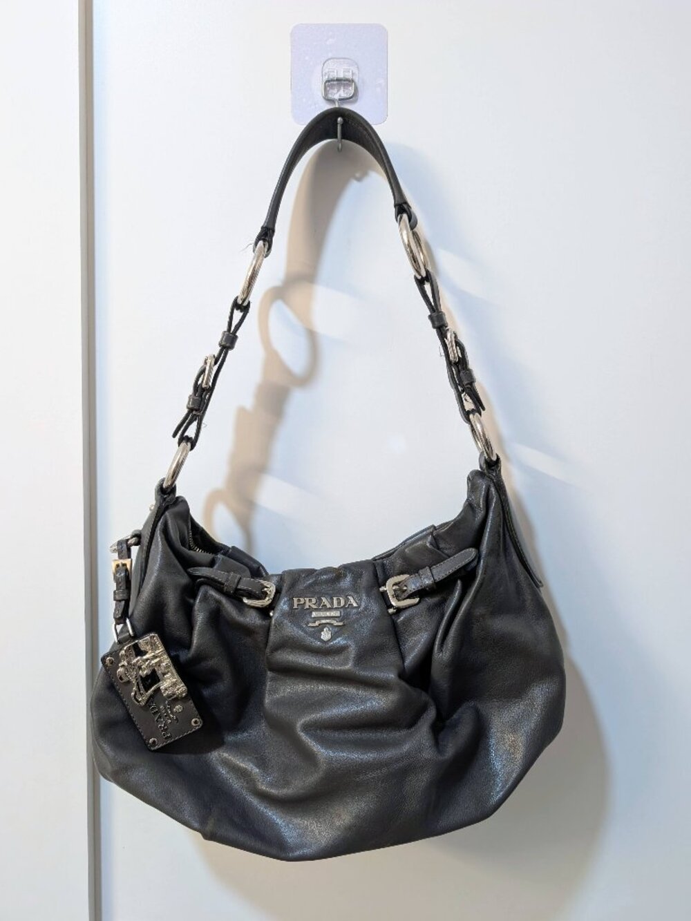 Prada - Metallic Grey Pleated Soft Calf Leather Hobo Bag